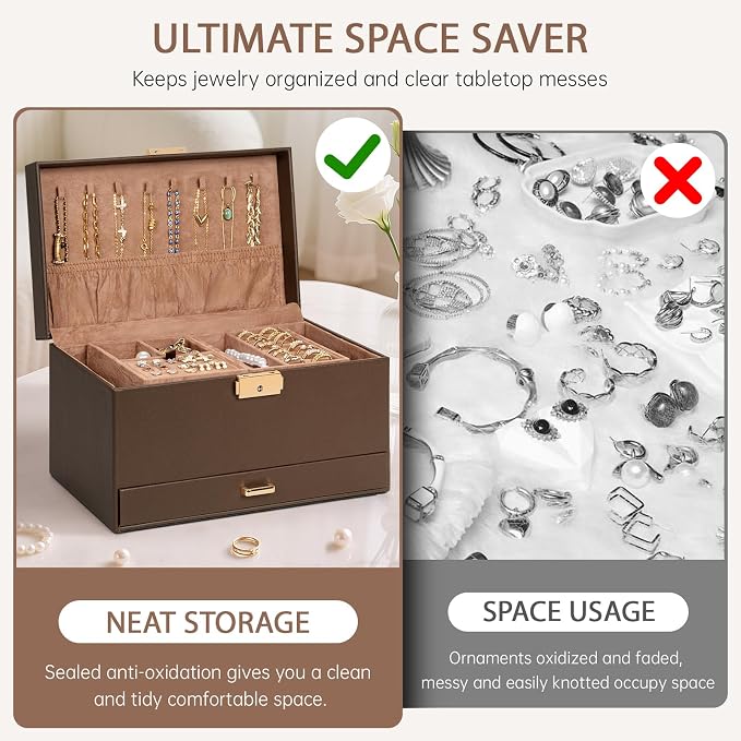 AKOZLIN Travel Jewelry Box Organizer Functional 2-trays Leather Jewelry Storage Case with Lockable Portable Drawer for Women Girls Ring Necklace Earring Bracelet - Image 8