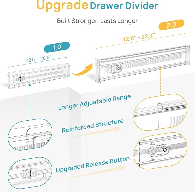 Vtopmart 8 Pack 2.36" Short Upgrade Drawer Dividers for Kitchen Drawer, 12.8"-22.3" Expandable Kitchen Drawer Organizer, Clear Plastic Organizer Separator for Flatware, Utensil, Cutlery, Underwear - Image 6