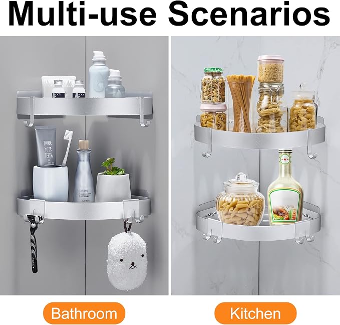 DUFU Adhesive Corner Shower Caddy with Hooks,Bathroom Shower Organizer, No Drilling Rust Proof Aluminum Shower Shelf for Inside Shower 2 Pack (Silver) - Image 5