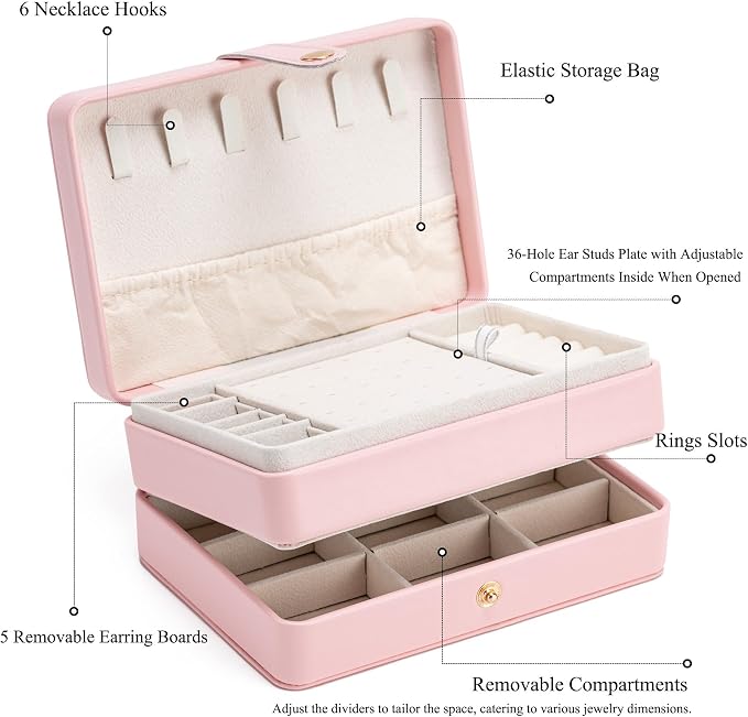 MODENGKONGJIAN Jewelry Organizer Box, 2-Layer Large Jewelry Storage Case, Portable Travel Jewelrys Display Holder for Earrings, Necklaces, Bracelets (Pink, PU Leather) - Image 3