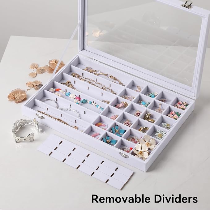 Frebeauty 48 Grid Jewelry Tray,Adjustable Earring Holder Organizer with Glass Lid,Velvet Drawer Jewelry Organizer for Rings,Studs,13.8 x 9.5 x 2 Inches Jewelry Display Box,Gift for Women(White) - Image 6