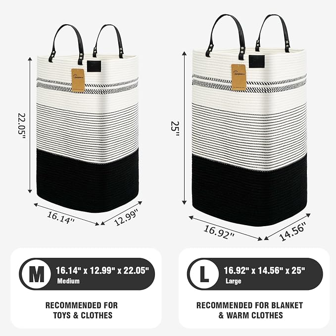 danpinera 100L Nursery Hamper, Tall Woven Laundry Basket with Long Leather Handles, Boho Laundry Hamper for Living Room & Bedroom, Eco-friendly & Convenient Decorative Storage Basket, White & Black - Image 4