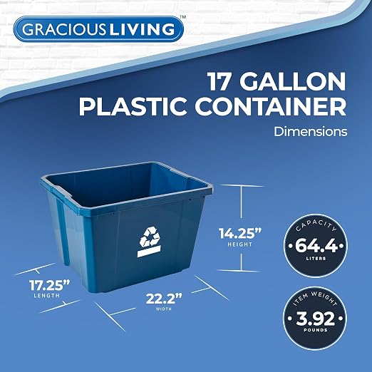 Gracious Living Medium Curbside Blue Box, Plastic 17 Gallon/64 Litre Home Trash Can Refuse and Recycling Bin Container with Built-in Handles (1 Pack) - Image 2