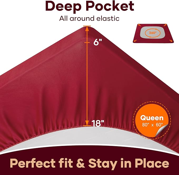 OhGeni 100% Waterproof Mattress Protector, Queen Size Red, Fitted Sheet with Deep Pockets, 6''-18'', Premium Noiseless Breathable Soft Material, Mattresses Cover for Bed