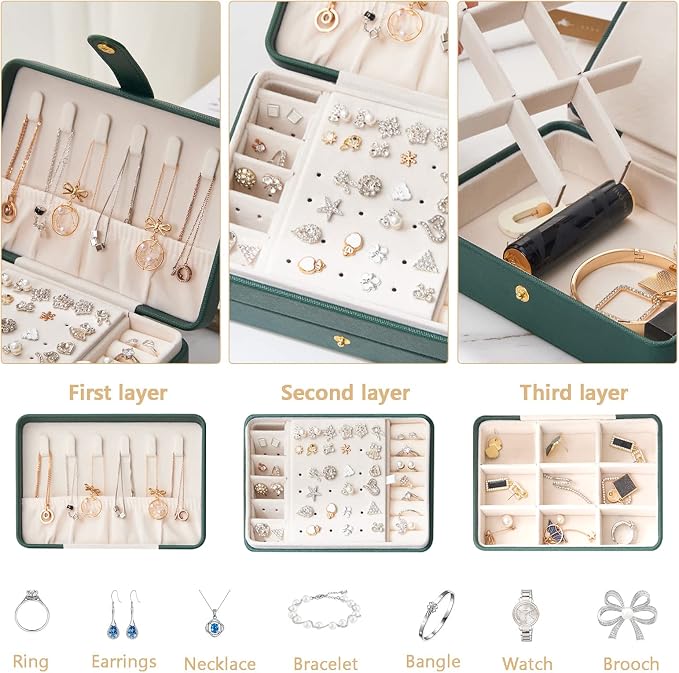 KOOAAICCHI Small Jewelry Box, Travel Jewelry Organizer, Portable Jewelry boxes for Women Girls Gift, Double Layers PU Leather Jewelry Holder for Rings, Earrings, Necklaces-Green - Image 3