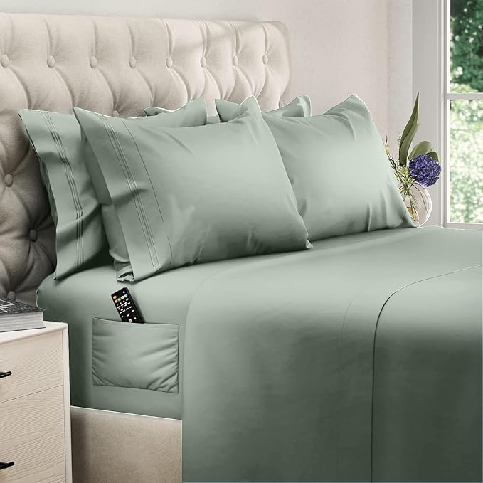 DREAMCARE Full Size Sheets - 6 pcs Breathable Cooling Bed Sheets - up to 15" Deep Pocket Full Size Bed Sheets wth Side Pockets - Extra Soft 100% Brushed Hypoallergenic Hotel Luxury Bedding -Sage Green