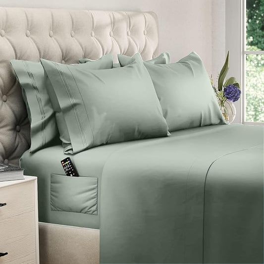 DREAMCARE Full Size Sheets - 6 pcs Breathable Cooling Bed Sheets - up to 15" Deep Pocket Full Size Bed Sheets wth Side Pockets - Extra Soft 100% Brushed Hypoallergenic Hotel Luxury Bedding -Sage Green
