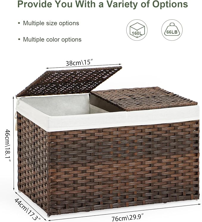 SETVSON Storage Basket with Lid Wicker Baskets for Storage with 2 Separate Lid 42.3 Gallon (160 L) 29.9 x 17.3 x 18.1 Inches Rattan Woven Large Wicker Basket with 2 Liners for Bedroom Laundry Brown - Image 4