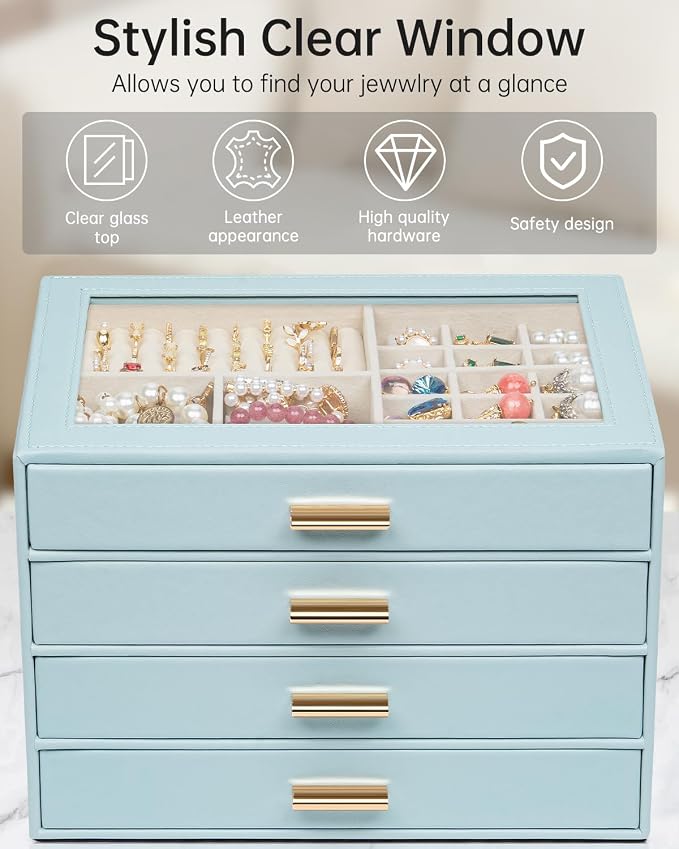 AKOZLIN Jewelry Box with Clear Lid Functional Leather Jewelry Storage Organizer Case 4 Drawers for Women Girls Necklace Ring Bracelet Earring BlueGrey - Image 4