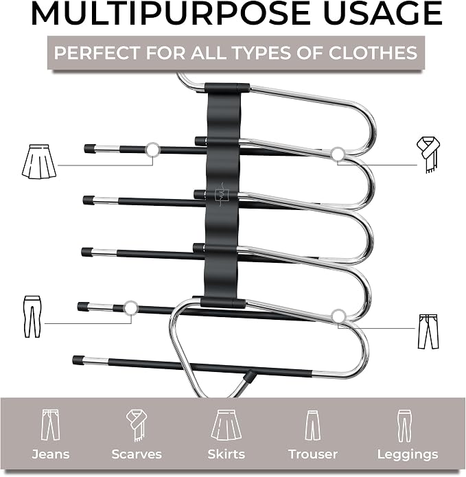 MORALVE Pants Hangers Space Saving - 4 Pack - Non-Slip Multi-Layer Space Saving Hangers - Multifunctional Clothing Rack for Closet Storage - Ideal for Jeans, Trousers, Skirts, Scarves & Slacks (Black) - Image 7