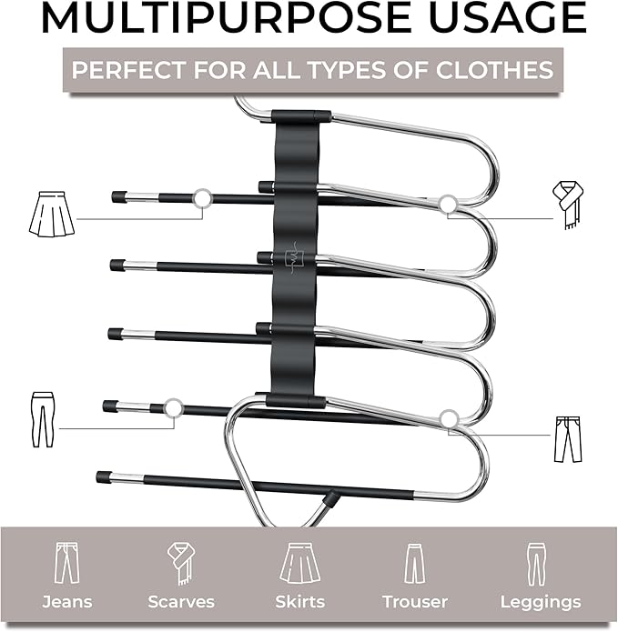 MORALVE Pants Hangers Space Saving - 2 Pack - Non-Slip Multi-Layer Space Saving Hangers - Multifunctional Clothing Rack for Closet Storage - Ideal for Jeans, Trousers, Skirts, Scarves & Slacks (Black) - Image 7