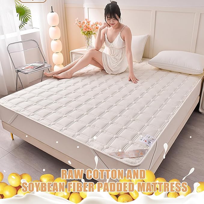 Queen Mattress Protector Cover with Elastic Straps - Thin Foldable Quilted Cover Pad for Student Dormitory - Soft & Comfortable, Breathable Cool Mat - Machine Washable