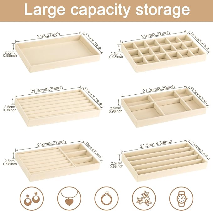 12Pcs Velvet Stackable Jewelry Trays, Jewelry Drawer Organizer, Large Removable Display Jewelry Tray, Necklace Bracelet Storage Box for Earring, Ring, Brooch, Watch (Beige) - Image 2