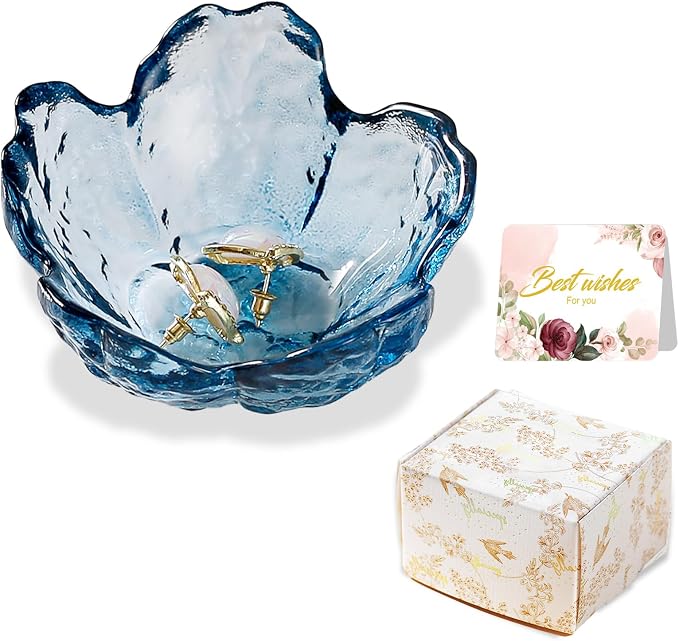 Binoster Blue Flower Glass Ring Dish Jewelry Tray Ring Holder Dish Cute Room Decor Vanity Organizer for Nightstand or Bathroom Aesthetic Trinket Dish Gift for Wife Mom Daughter by WELOCMETOBINOSTER