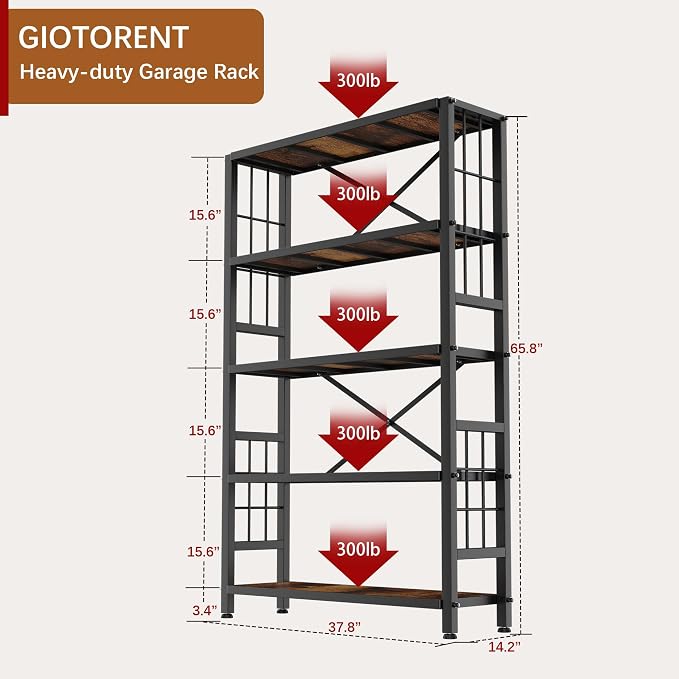 GIOTORENT 5-Tier Kitchen Storage with Wooden Boards, Heavy Duty Storage Shelves & Bookshelf, Adjustable Metal Shelving Unit for Garage Kitchen Bathroom Laundry Organizer, 1500LB Capacity, Black - Image 2