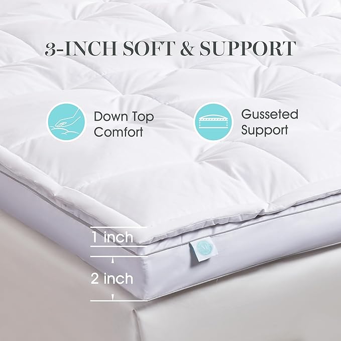 Martha Stewart 3 Inch White Down Feather Mattress Topper - Queen Size Fluffy White Feather Bed Topper 100% Cotton Cover Fabric Ultra Soft Pillow Top Featherbed for Bedroom（60" x 80"）