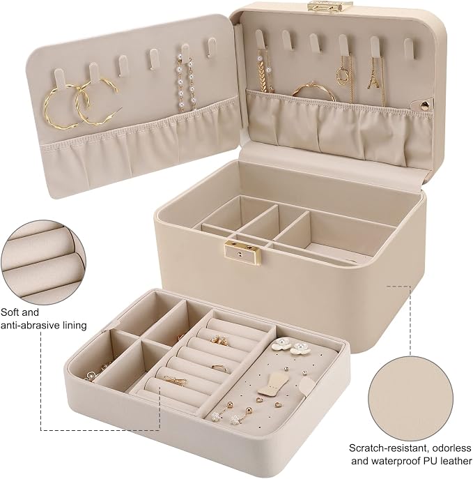 Upgraded Jewelry Box, 2 Layers PU Leather Jewelry Organizer for Women with Lock and Mirror, Hidden Necklace Hook and Removable Divider Large Capacity Travel Jewelry Box Ideal for Gift-With Gift Box - Image 3