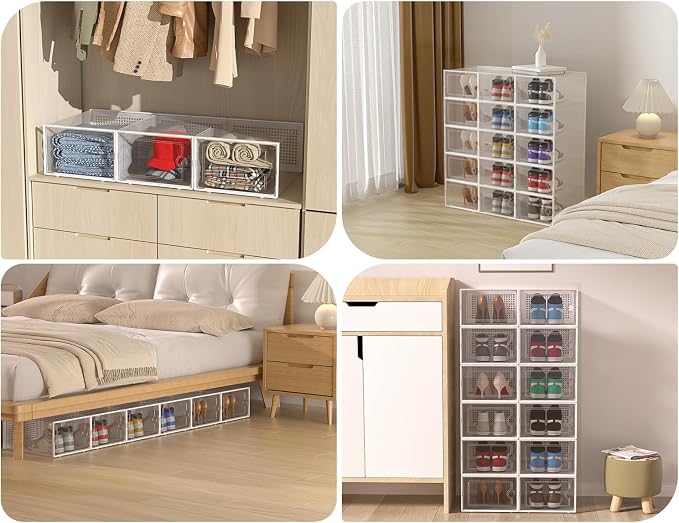 Kuject XX-Large Shoe Storage Boxes Organizers Clear Plastic Stackable 12 Pack, Shoe Rack & Holder Substitute, Sneaker Containers, Shoe Storage Organizer Bins for Closet, Under Bed, Grey(No Fold Line) - Image 7