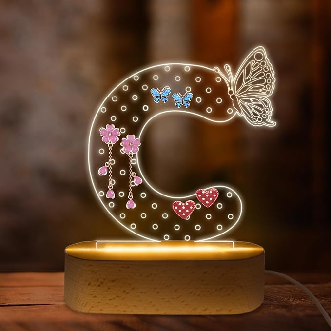 COSHAYSOO Earring Holder Organizer Initial Acrylic with Butterfly LED Night Light Decorations College Girls Dorm Essentials Graduation Gifts for Stud Ball Drop Dangle Earrings Storage Letter C by COSHAYSOO