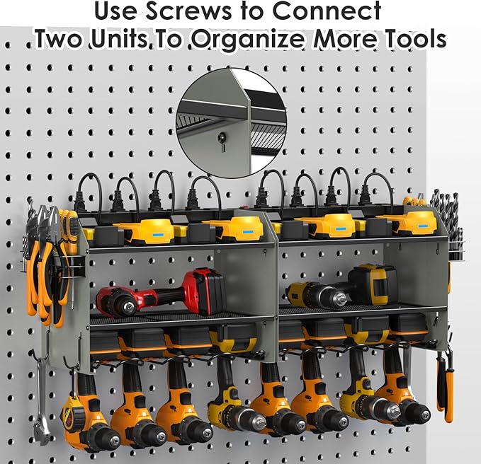 CCCEI Modular Power Tool Organizer Wall Mount with Charging Station. Garage Drill Storage Shelf with Hooks, Heavy Duty Rack, Tool Battery Holder Built in 8 Outlet. Gift for Men. Grey, 1 Pack. - Image 5