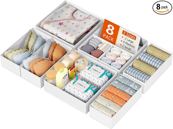 DIMJ Drawer Organizer Clothes, 8 Pack Dresser Organizer, Foldable Closet Organizers and Storage, Fabric Dresser Bins, Drawer Dividers for Nursery, Baby Clothes, Underwears, Sock (white) by DiMJ