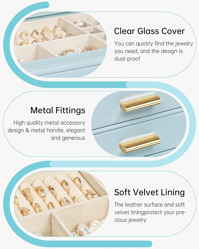 AKOZLIN Jewelry Box with Clear Lid Functional Leather Jewelry Storage Organizer Case 4 Drawers for Women Girls Necklace Ring Bracelet Earring BlueGrey - Image 7