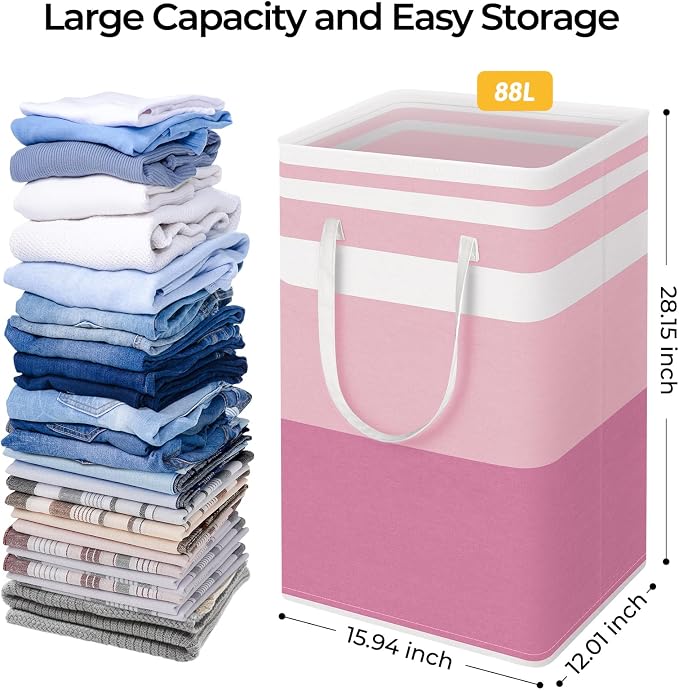 HomeHacks 2 Pack Large Laundry Baskets, Waterproof, Freestanding Laundry Hampers, Collapsible Clothes Hamper with Reinforced Handles in Laundry, College Dorm, Bathroom, Bedroom (Grey+Pink, 88Lx2) - Image 4