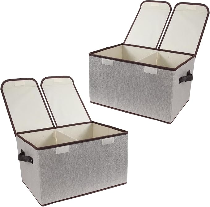 Foldable Fabric Storage Box with Double-Lid & Dividers, Large Organizer for Home, Closet, Office (Grey, 2 Packs) by TCbelosion