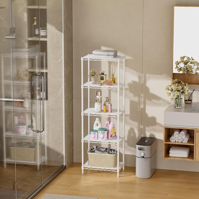 SINGAYE 5 Shelves Storage Shelf Wire Closet Bathroom Organizers Metal Pantry Kitchen Small Garage Shelving Unit Laundry Room Organization Home Corner Rack Estantes para Cocina White 10" Dx16 Wx55”H - Image 8