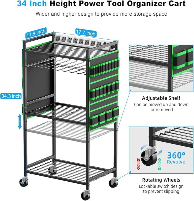 JUNNUJ Large Power Tool Organizer Cart with Charging Station, Garage Floor Standing Rolling Drill and Tools Battery Storage Cart on Wheels, Heavy Duty Rack Shelf with 8 Outlet 10 FT Power Strip, Green - Image 5