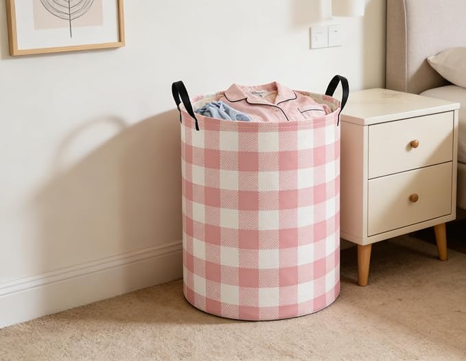 Kids Laundry Basket Pink Hamper for Nursery Girls Hamper Cute Kids Storage Bin Organizer Room Decor for Home(Pink Grid) - Image 6