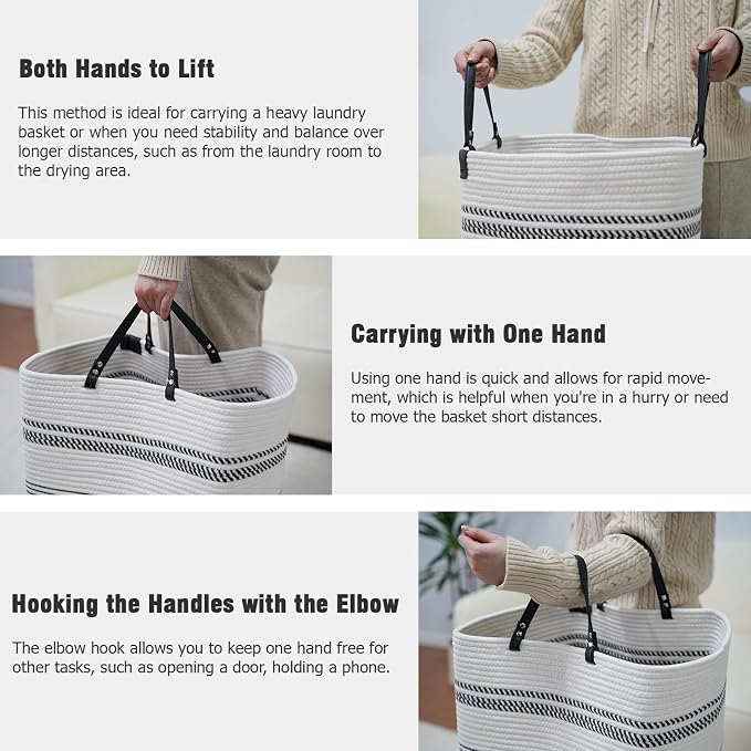 danpinera 100L Nursery Hamper, Tall Woven Laundry Basket with Long Leather Handles, Boho Laundry Hamper for Living Room & Bedroom, Eco-friendly & Convenient Decorative Storage Basket, White & Black - Image 6