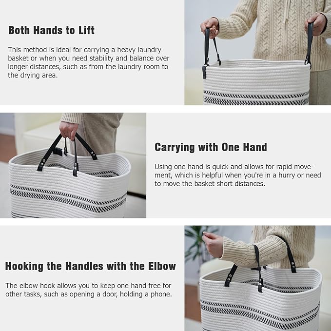 danpinera 75L Woven Laundry Hamper with Long Leather Handles, Baby Laundry Basket for Nursery, Tall Hampers for Bedroom Aesthetic, Decorative Clothes Storage Basket for Family White & Black - Image 7