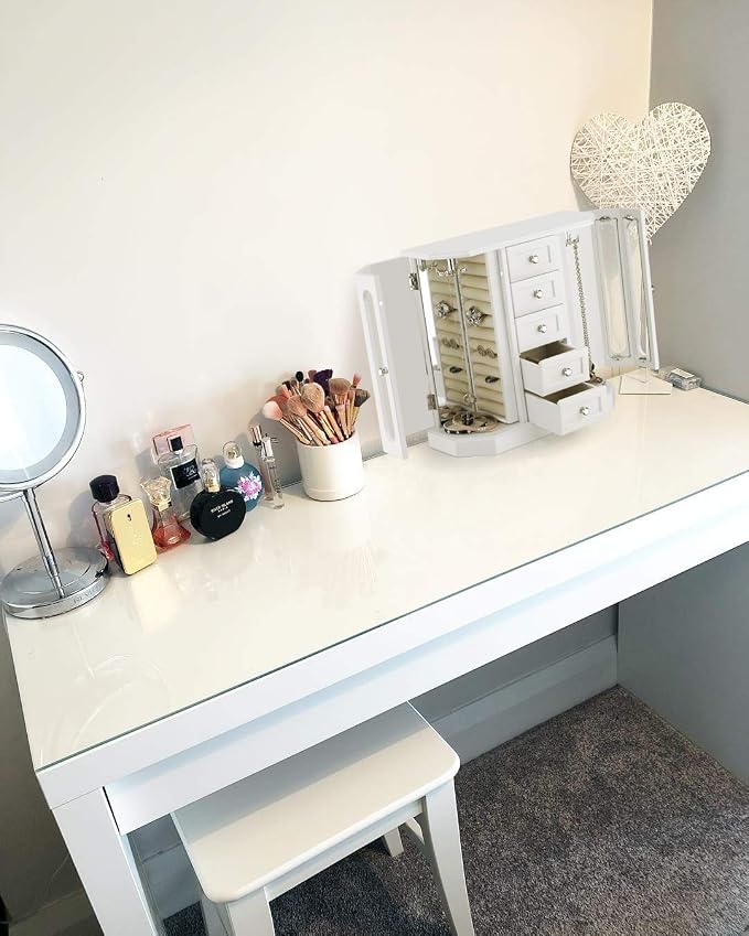 RR ROUND RICH DESIGN Jewelry Box - Made of Solid Wood with Cabinet Type 5 Drawers Organizer and 2 Separated Open Doors on 2 Sides and Large Mirror White - Image 7