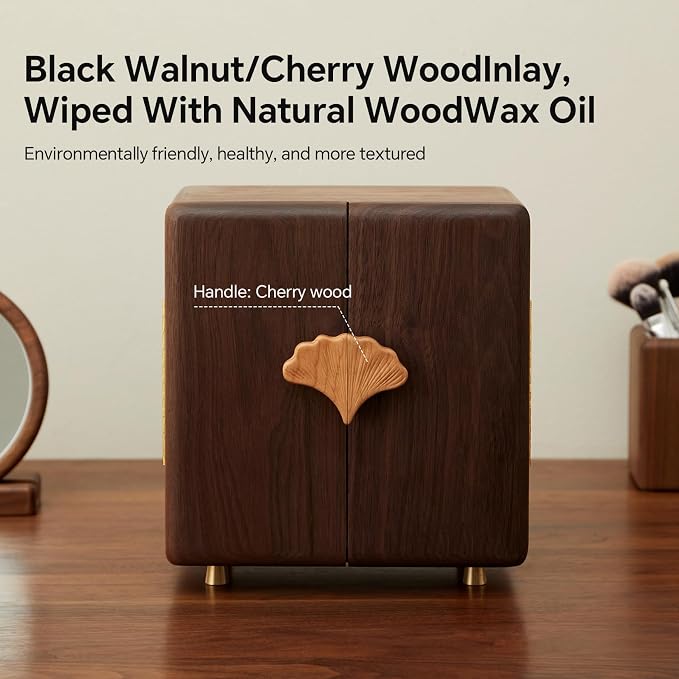Solid Black Walnut Wood Jewelry Box for Women & Men, Large Velvet Lined Wooden Jewelry Organizer with 5 Drawers, Hand Carved Ginkgo Leaf Handles, Double Door Wardrobe Design - Image 5