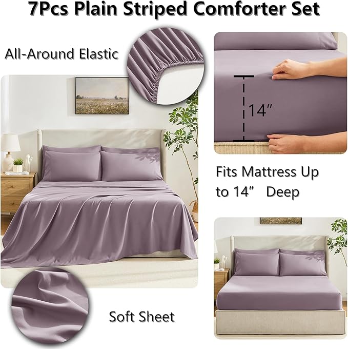 CozyLux King Size Comforter Set Dusty Purple, 7 Pieces Bed in a Bag, Purple Comforter King Size, Bedding Set with All Season Quilted Comforter, Flat Sheet, Fitted Sheet, Pillowcases