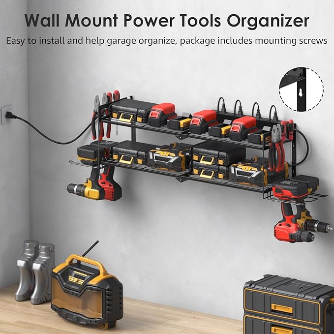CCCEI Large Garage Tools Storage with Charging Station. Power Tool Battery Organizer Utility Shelf with Power Strip. 4 Drills Holder Wall Mount Rack. - Image 3