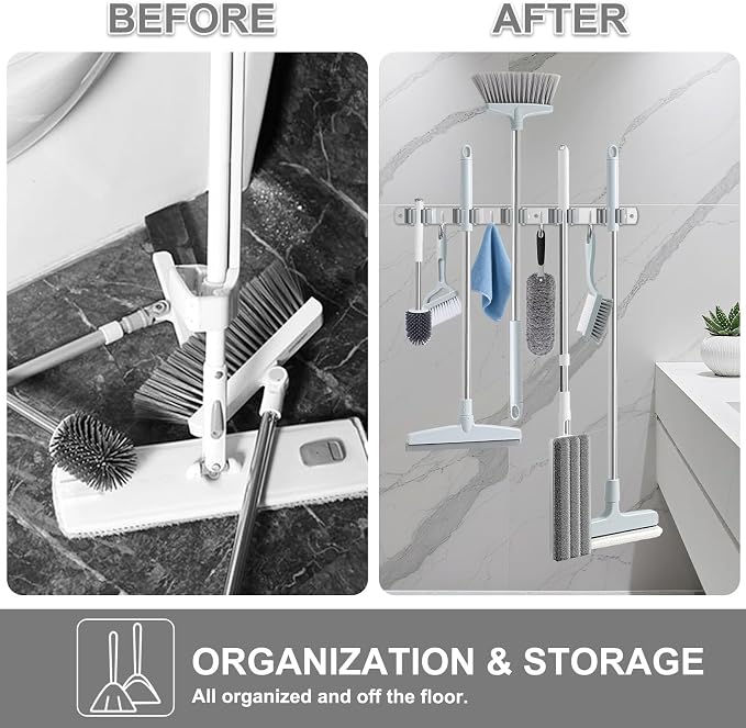 HANZENMA Broom Holder Wall Mount, Broom Organizer Wall Mount Stainless Steel Broom and Mop Hanger Heavy Duty Storage Organization for Home Kitchen Garden Garage Room 5 Racks 4 Hooks - Image 2