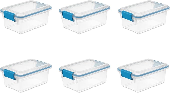 Sterilite 7.5 Qt Gasket Box, Stackable Storage Bin with Latching Lid and Tight Seal, Plastic Container to Organize Basement, Clear Base, Lid, 6-Pack by Sterilite