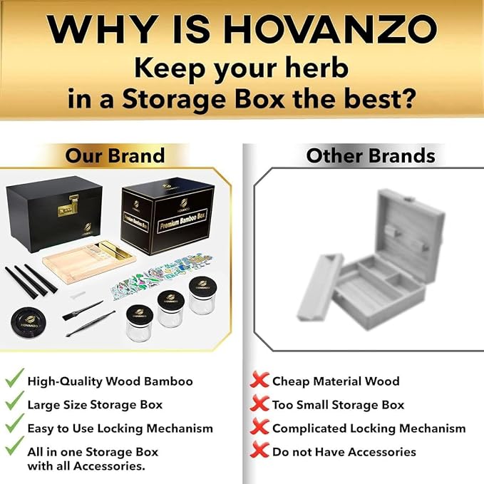 HOVANZO Premium Large Bamboo Storage Box with Removable Tray - Storage Wood Box for Herbs and Accessories - Storage Box Set with Combination Lock - Smell Proof Container with Accessories - Image 3