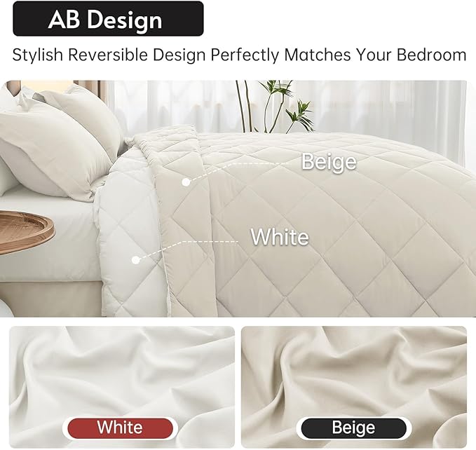 MUXHOMO 7 Pieces Full Comforter Set, Reversible Bed in a Bag Full Size, All Season Bedding Set with Comforter, Flat Sheet, Fitted Sheet, Pillowcases & Shams, Beige & White