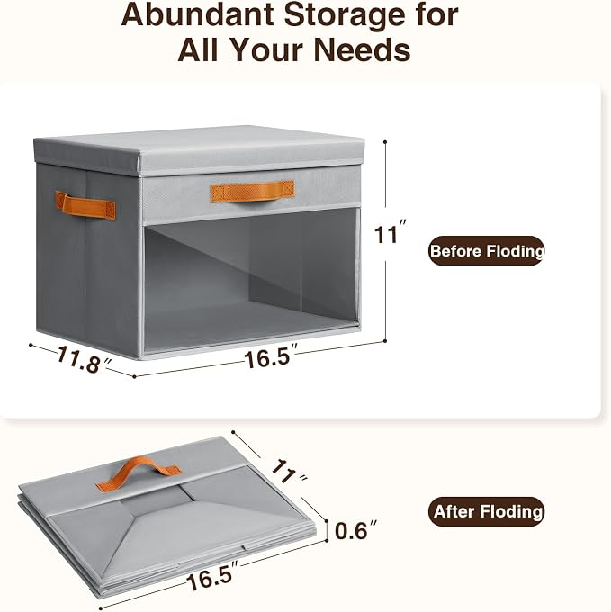 Homsorout Large Storage Bins with Lids - 6 Pack Foldable Decorative Organizers with Clear Windows & Handles, Cube Storage Organizers for Clothes, Blankets, Sweaters, CD, Grey - Image 3