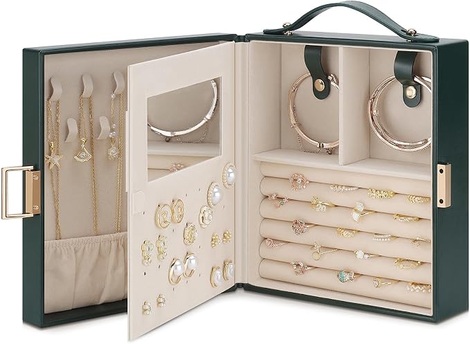 DesignSter Travel Jewelry Case for Woman, Portable Jewelry Travel Box with Mirror, PU Leather Small Jewelry Organizer with Handle for Rings Earrings Bracelets Necklaces(Dark Green & Brown) - Image 9