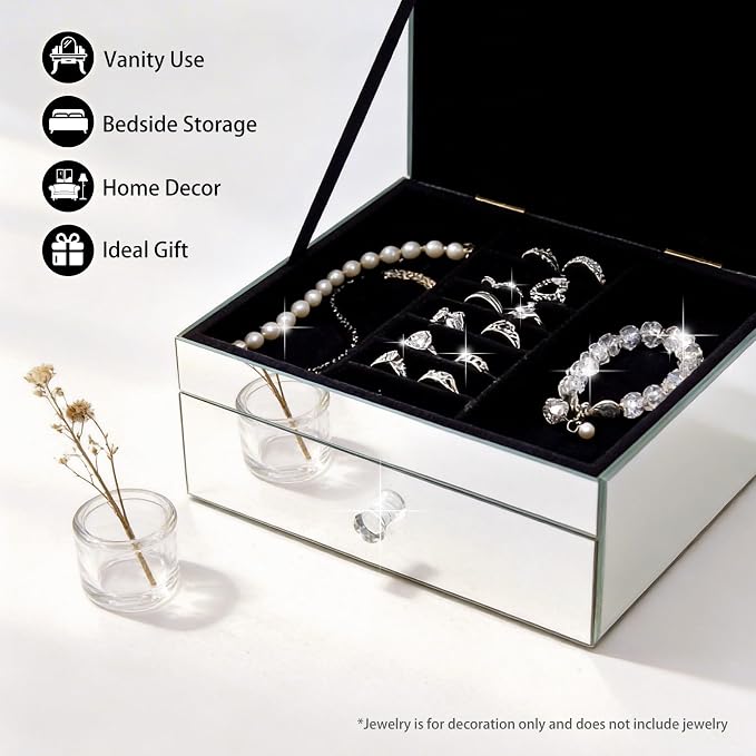 2 Layer Mirror Glass Jewelry Box with Crushed Diamond Decor, Velvet-Lined Trinket Organizer for Rings Earrings Necklaces Bracelets - Elegant Treasure Chest Storage Case for Women Girls - Image 3