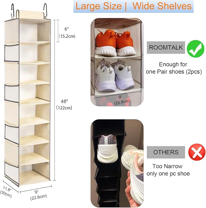 2 Pack Large-Sized Hanging Shoe Organizer 8-Shelf, Hanging Closet Organizer with 8 Side Pockets, Wider Hanging Shelves for Storage Shoes Clothes 9" W × 11.8" D× 48" H, Beige. - Image 3