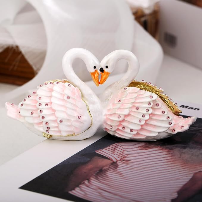 Hand Painted Animal Trinket Box for Home Decor, Hinged Jewelry Organizer Storage, Unique Personalized Collectible Keepsake Figurine Handmade Decorative Ornament Gifts (Swan Couple) - Image 4