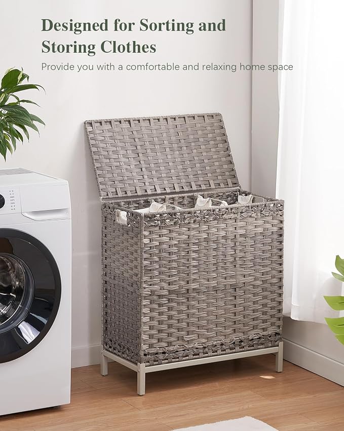 SETVSON Laundry Hamper with Lid 132 L, (35 Gallons) Clothes Hamper with Lid, Handwoven Rattan Laundry Hamper with Metal Heightened Feet, Laundry Hampers with 3 Removable Liner Bags for Laundry-Gray - Image 6