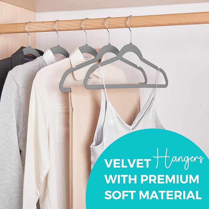 HOUSE DAY Premium Velvet Hangers 50 Pack Grey, Non-Slip Flocked Felt Hangers, Sturdy Clothes Hanger with 360° Rotatable Hook, Heavy Duty Durable Slim Coat Hanger for Closet Space Saving - Image 2