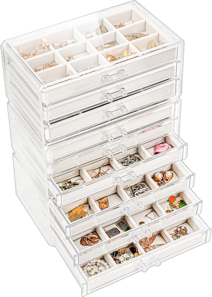 Lolalet Earring Holder Organizer Box Jewelry Storage with 9 Drawers, Clear Acrylic Stackable Earring Case with Adjustable Velvet Trays for Women on Dresser Vanity -Warmwhite, 9 Layers by Lolalet