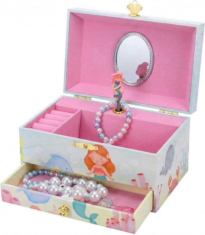 The Memory Building Co Mermaid Musical Jewelry Box Plays Classic Melody, Storage Organizer Music Box for Kids Ages 6-12, MDF Wood w/ 2 Fabric Lined Ring Bracelet Necklace Treasure Compartments by TheMemoryBuildingCompany